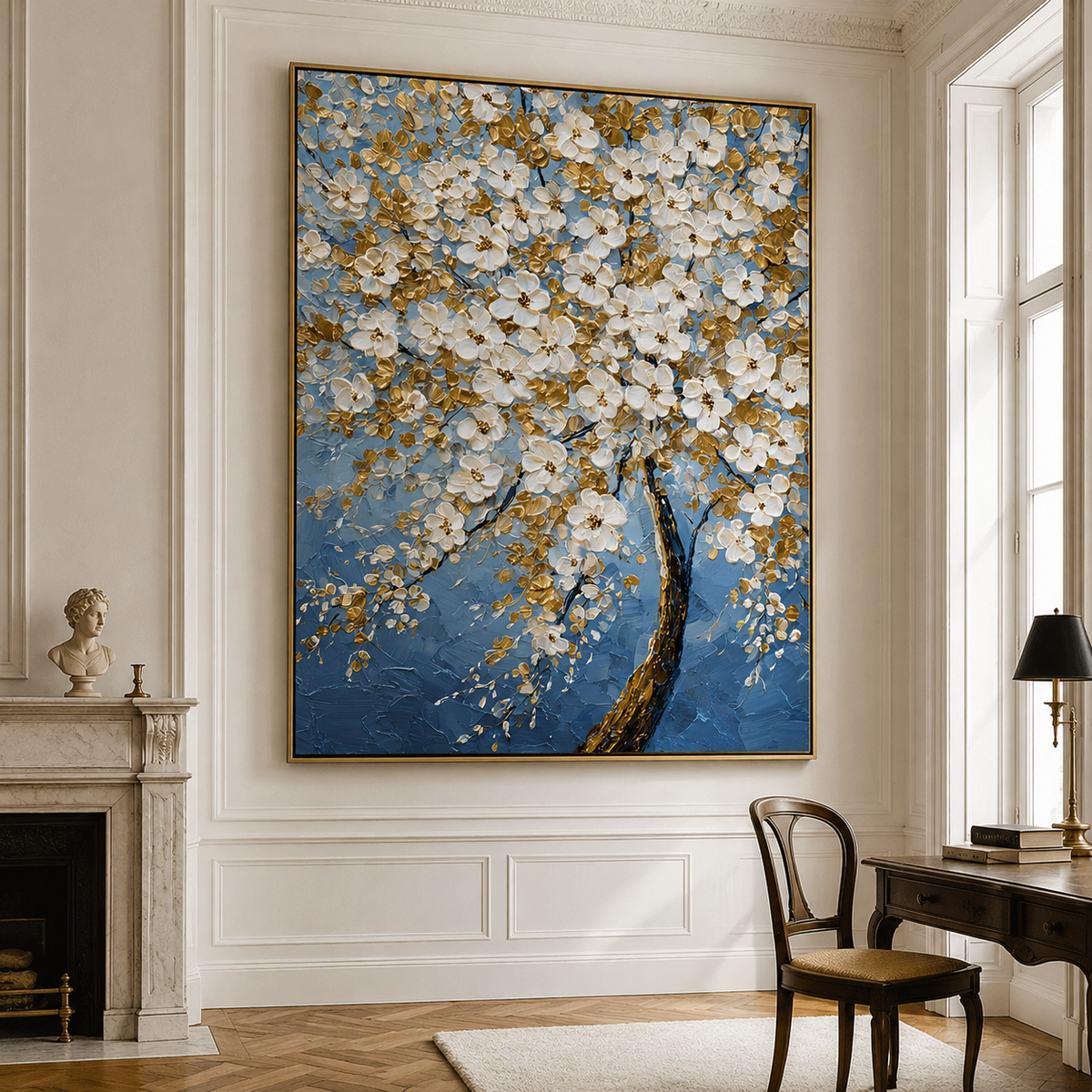 Golden Blossom Tree-Blue Floral Oil Painting