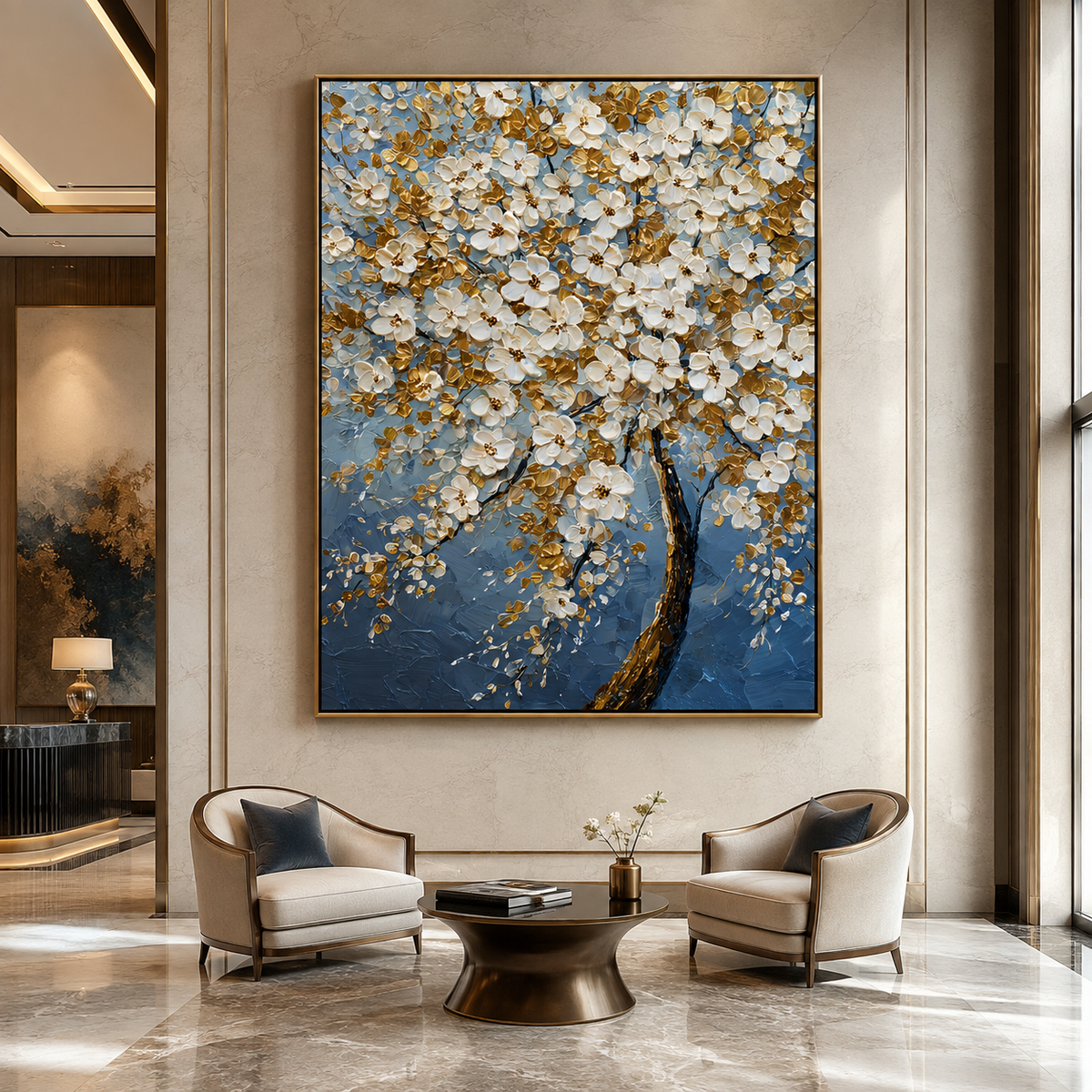 Golden Blossom Tree-Blue Floral Oil Painting