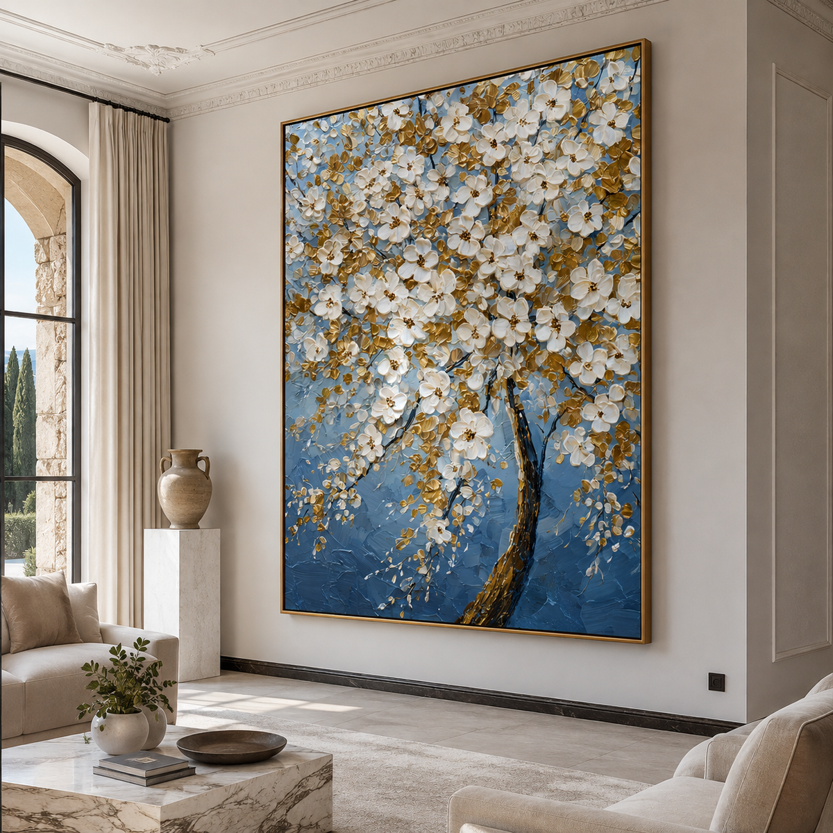Golden Blossom Tree-Blue Floral Oil Painting