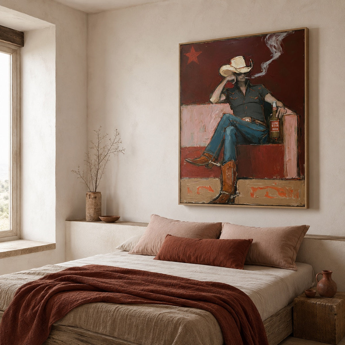 After Hours-Smoking Cowboy Oil Painting