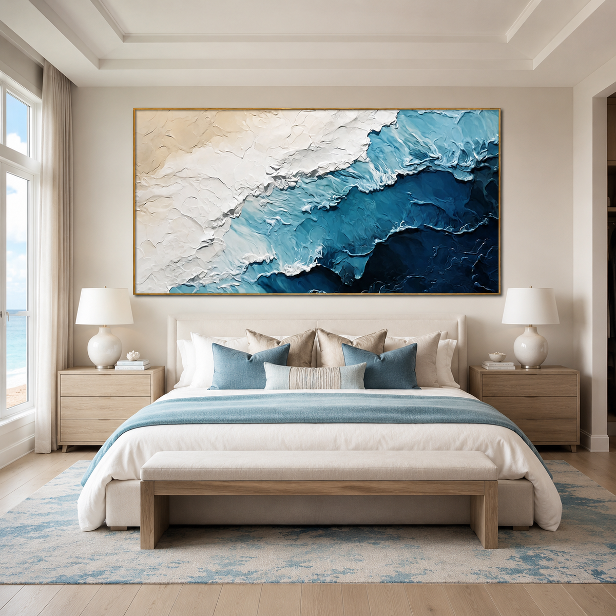 Tidal Drift-Blue White Textured Ocean Painting
