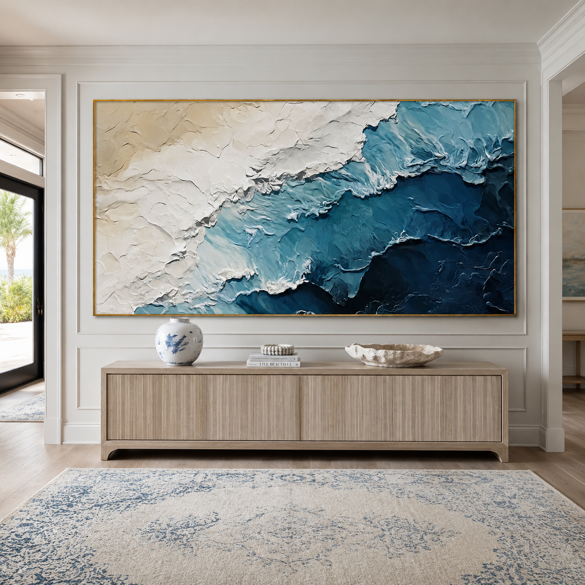 Tidal Drift-Blue White Textured Ocean Painting