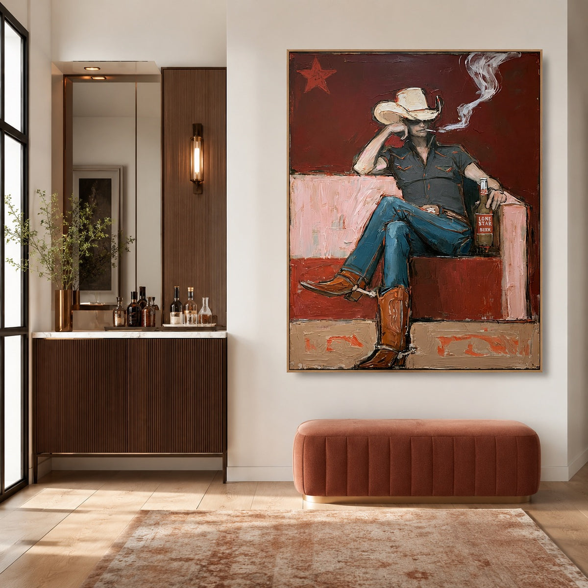 After Hours-Smoking Cowboy Oil Painting