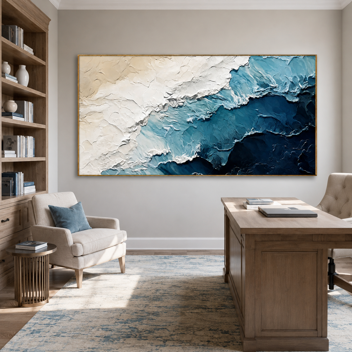 Tidal Drift-Blue White Textured Ocean Painting