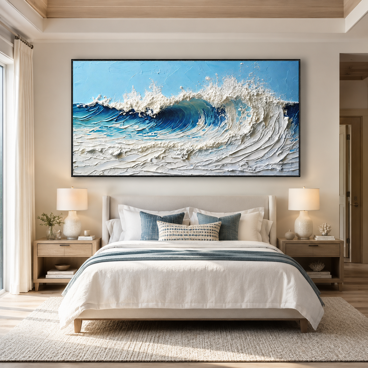 Cresting Azure-Blue White Impasto Ocean Wave Painting