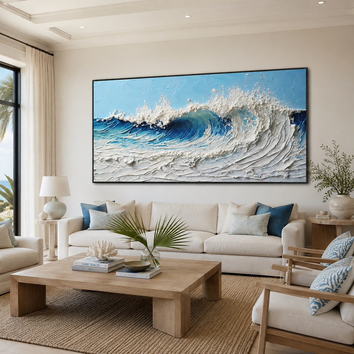 Cresting Azure-Blue White Impasto Ocean Wave Painting