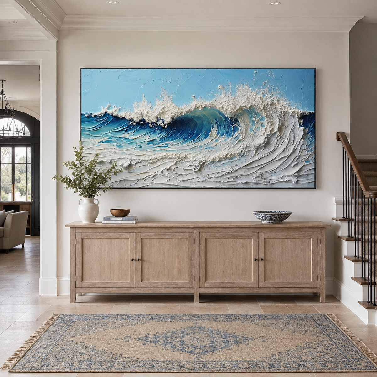 Cresting Azure-Blue White Impasto Ocean Wave Painting