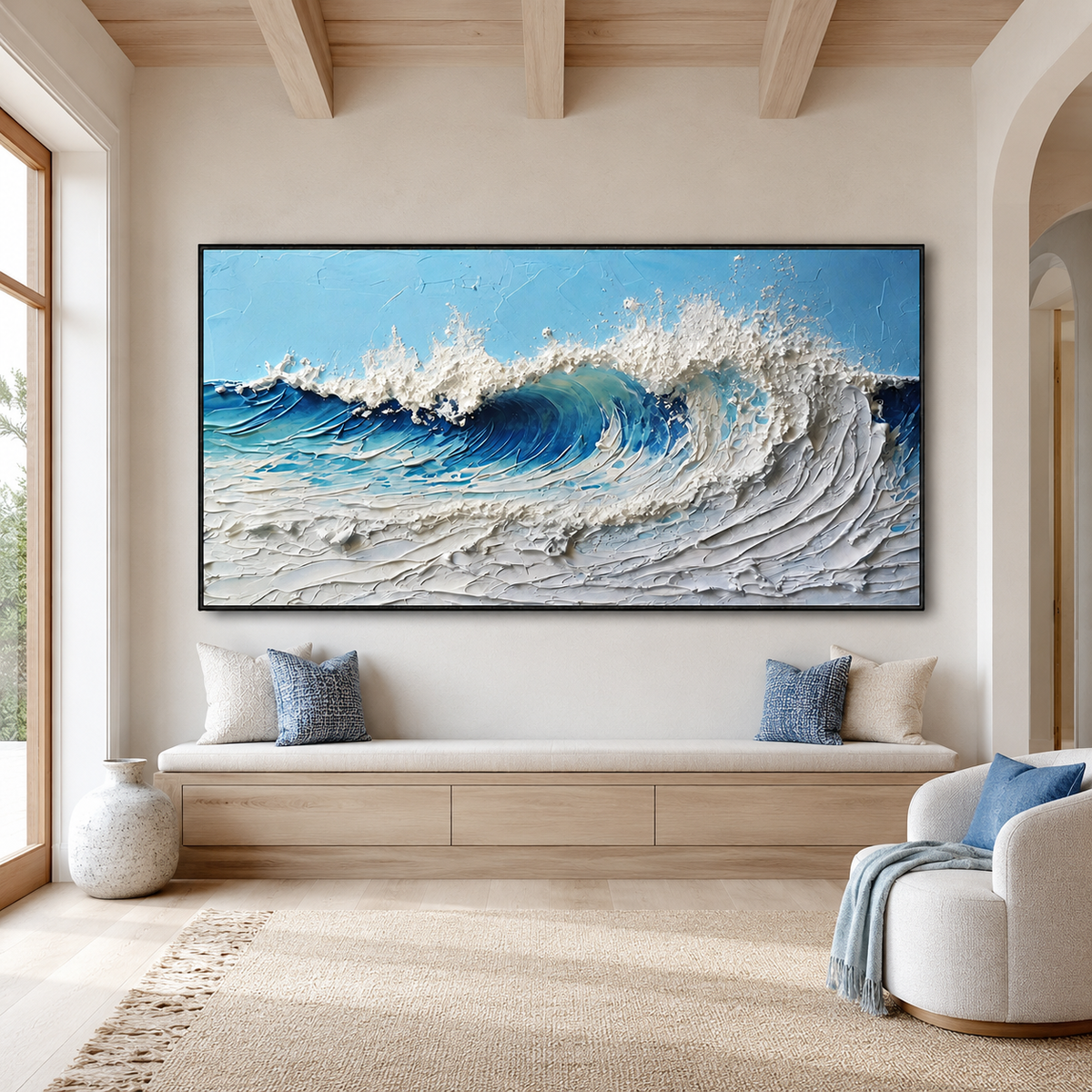 Cresting Azure-Blue White Impasto Ocean Wave Painting