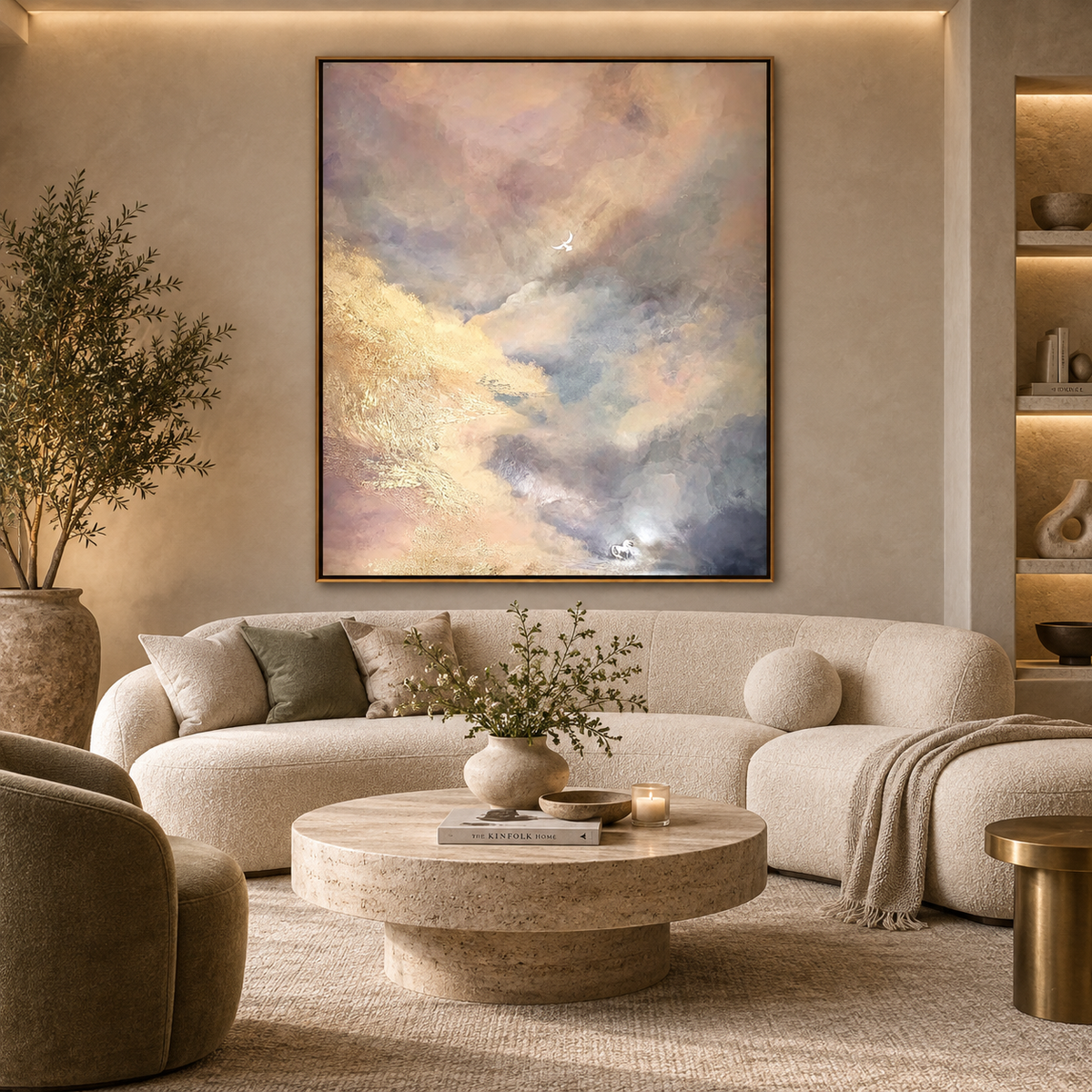 Ethereal Sky Serenity-Soft Neutral Abstract Cloudscape Oil Painting