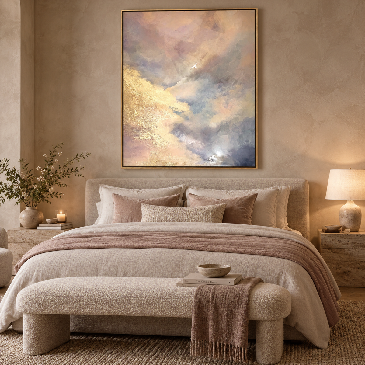Ethereal Sky Serenity-Soft Neutral Abstract Cloudscape Oil Painting