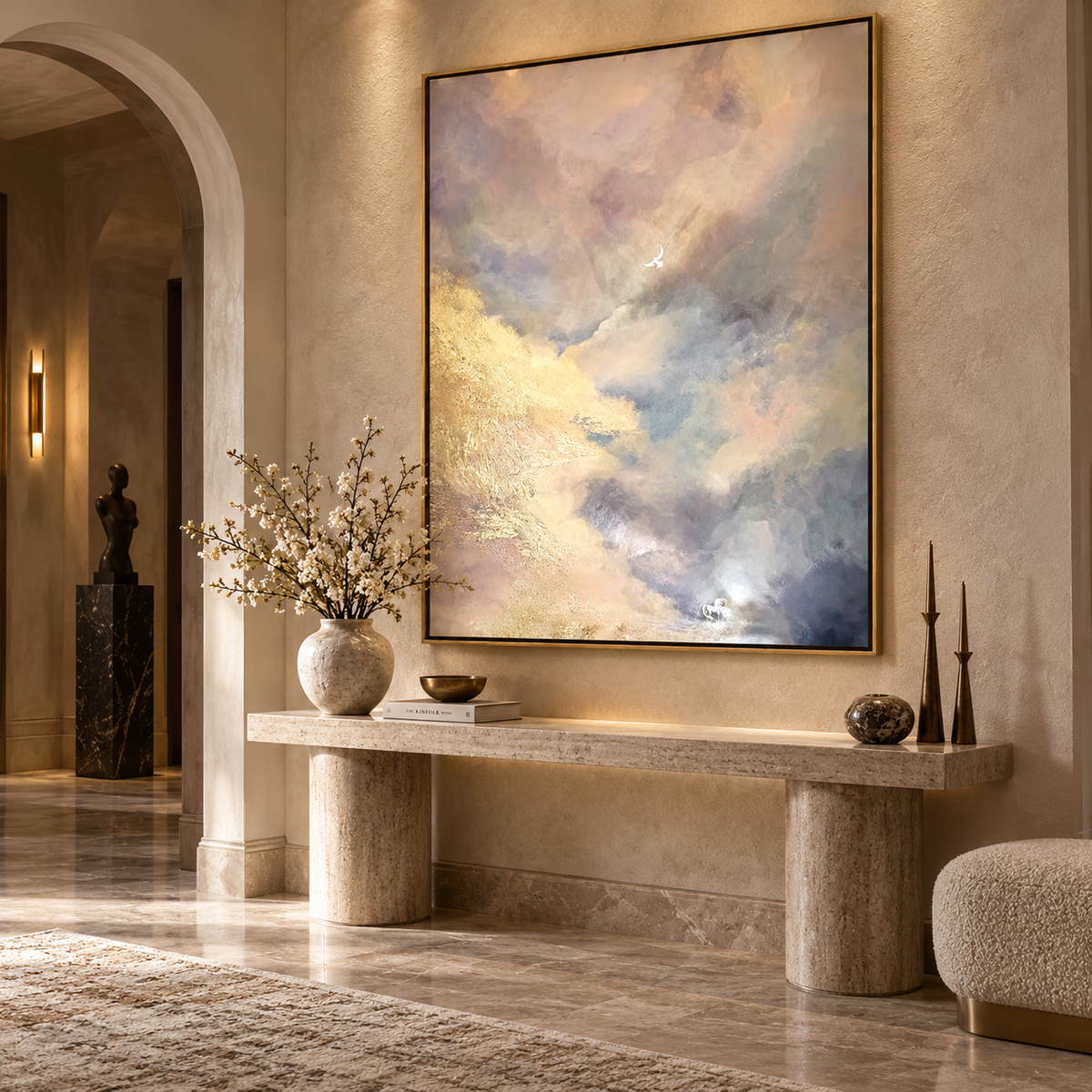 Ethereal Sky Serenity-Soft Neutral Abstract Cloudscape Oil Painting