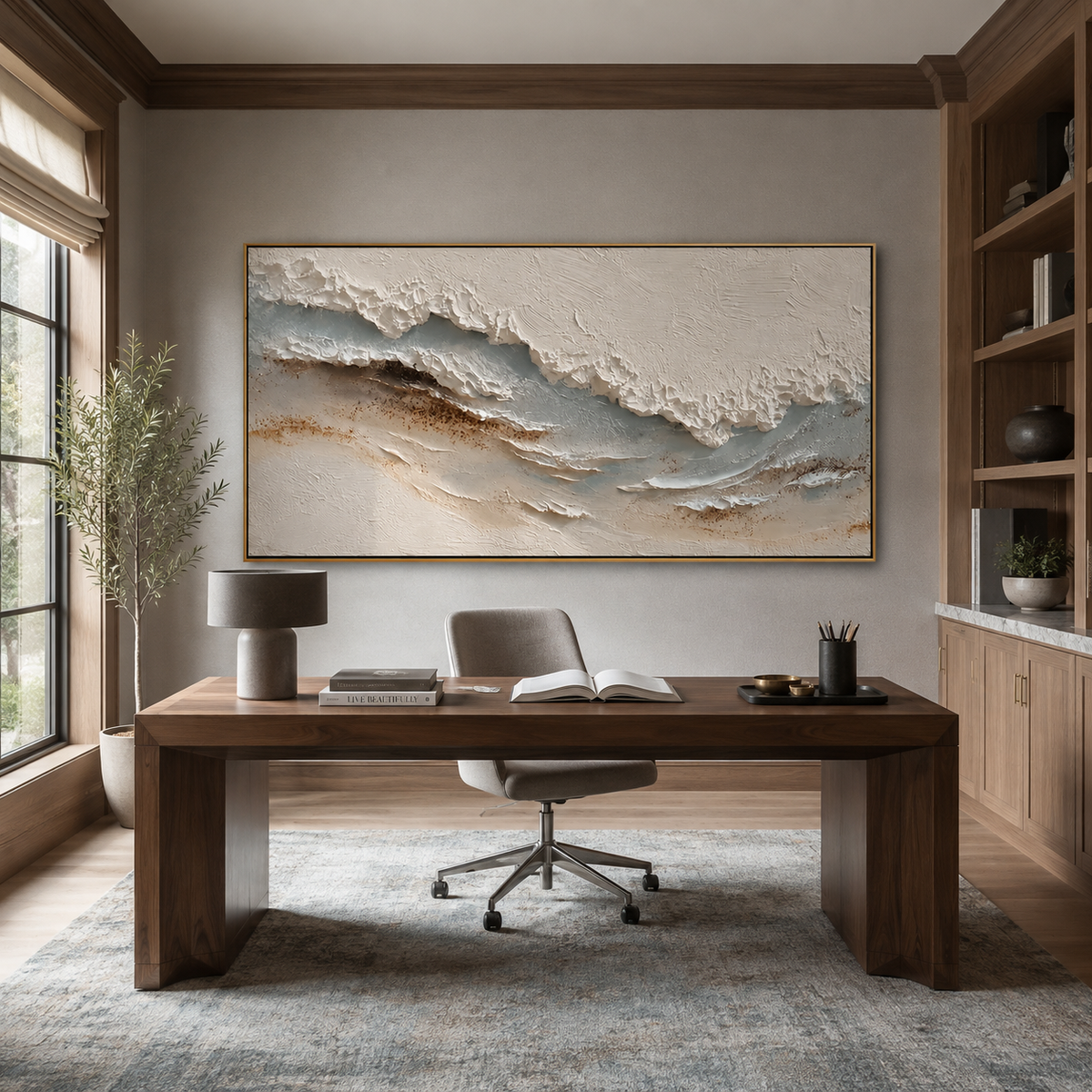 Quiet Shore-Neutral Blue Textured Coastal Painting