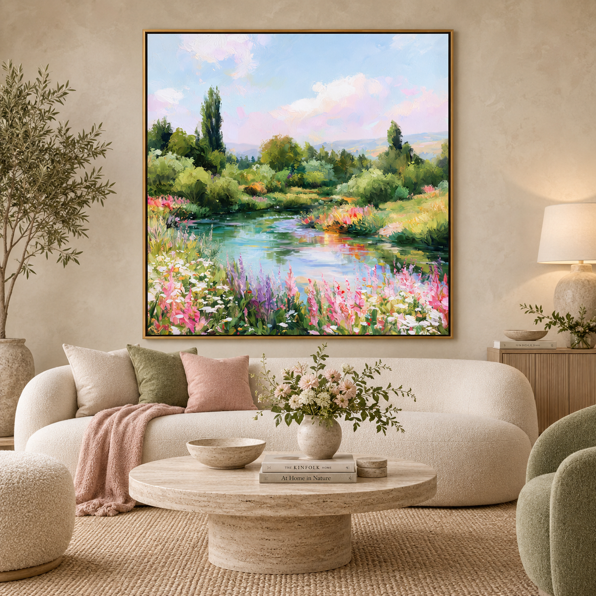 Pastel Garden Lake Landscape Painting