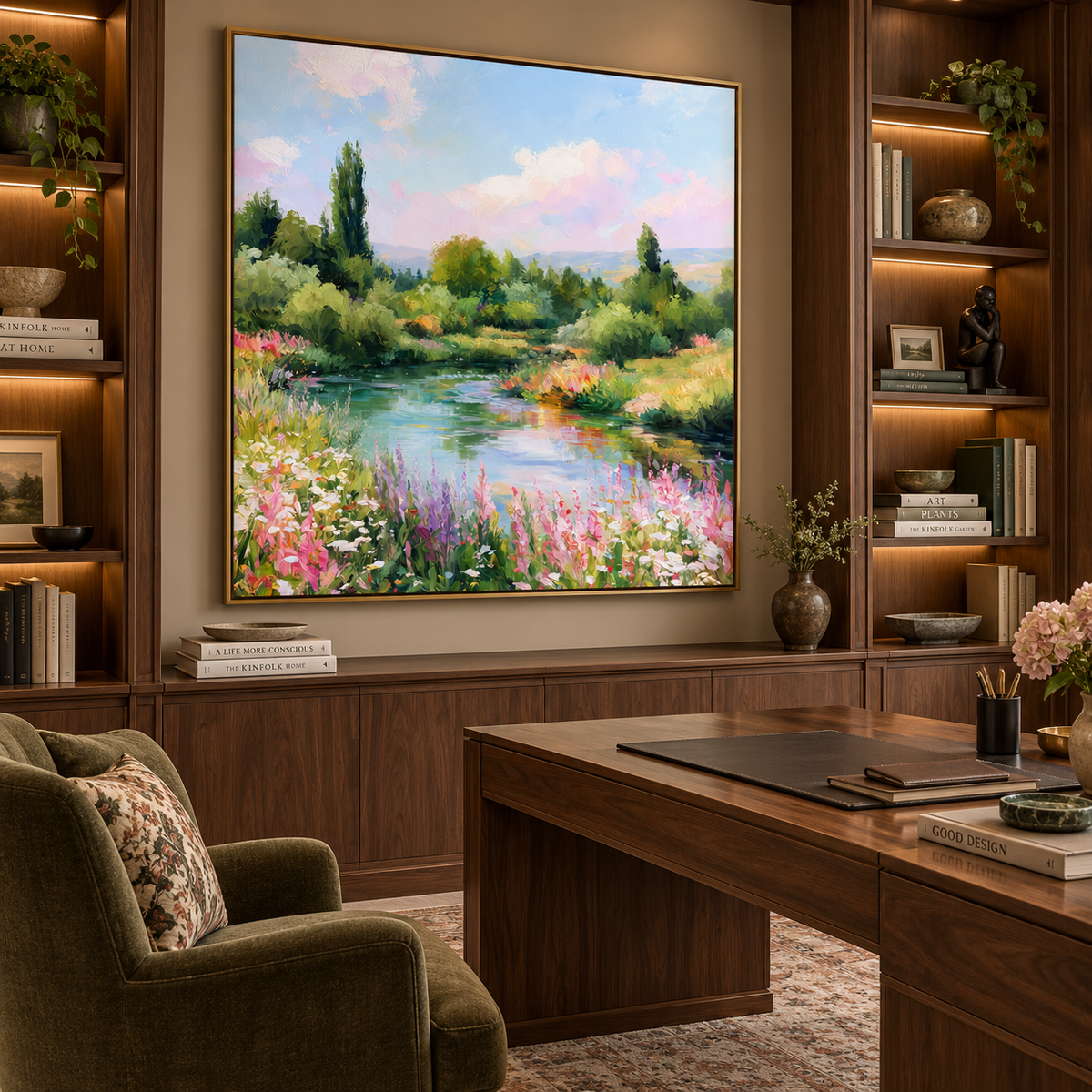 Pastel Garden Lake Landscape Painting