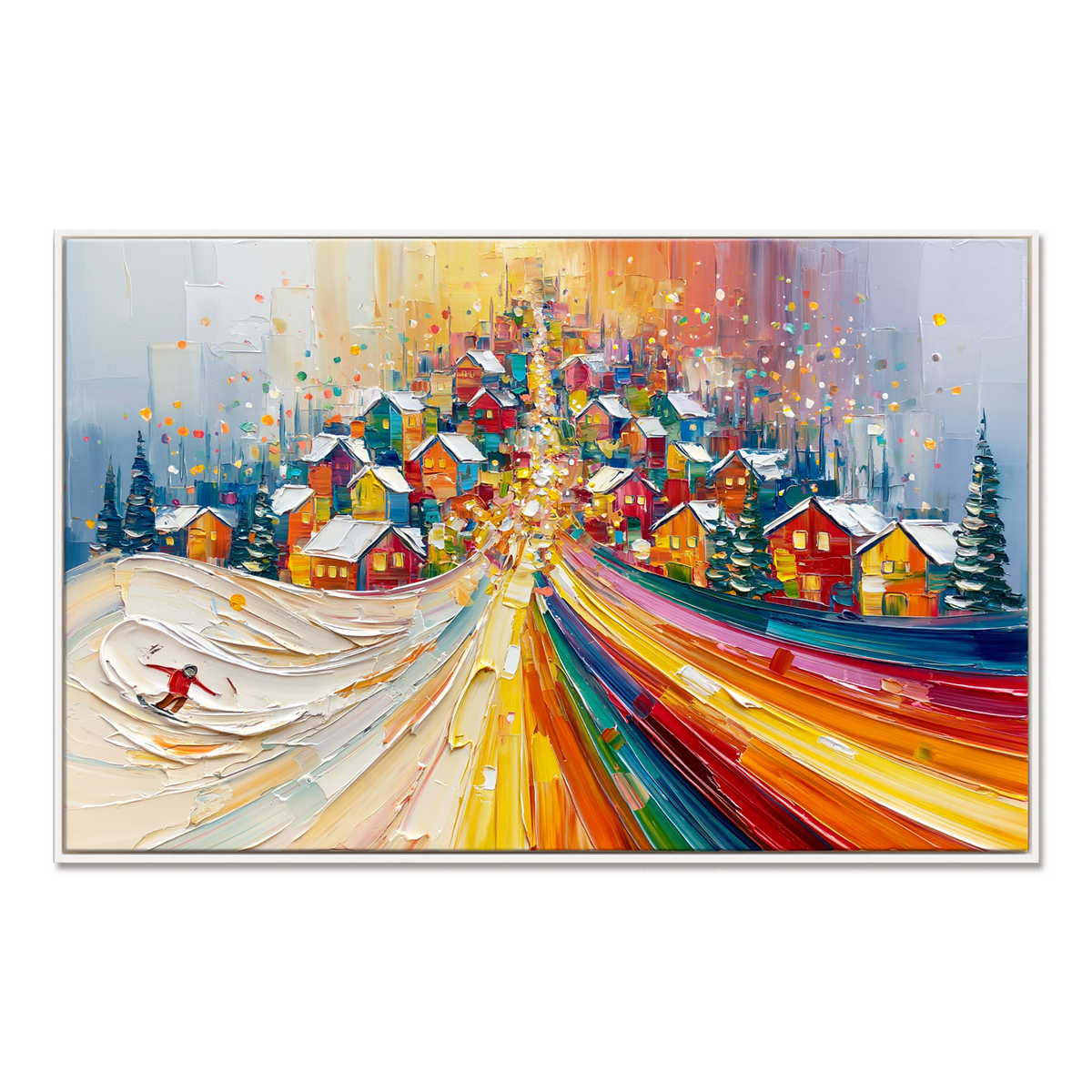 Winter Village Lights-Colorful Snowy Town Landscape Textured Oil Painting