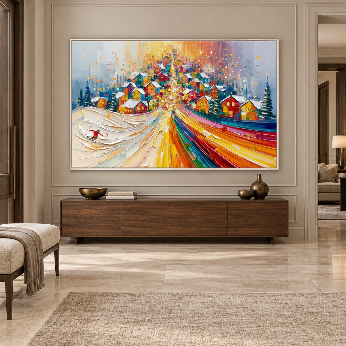 Winter Village Lights-Colorful Snowy Town Landscape Textured Oil Painting