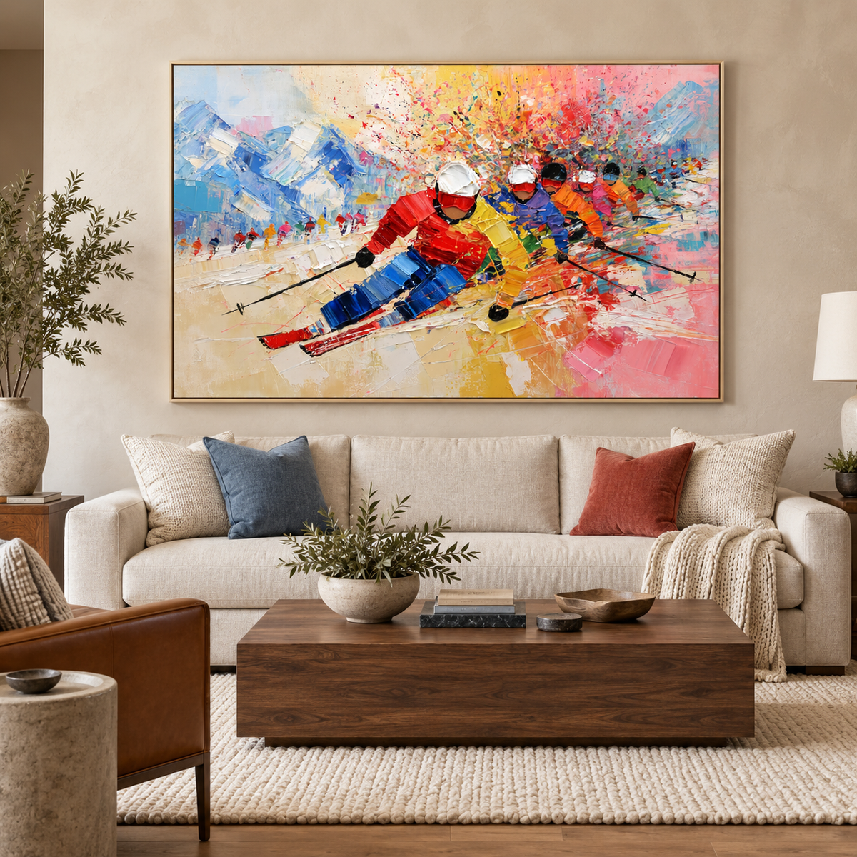 Dynamic Ski Racing-Colorful Mountain Adventure Textured Oil Painting
