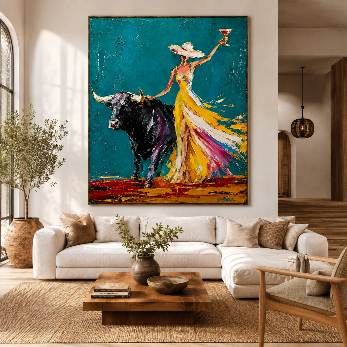Woman and Bull in Yellow Dress-Colorful Western Oil Painting