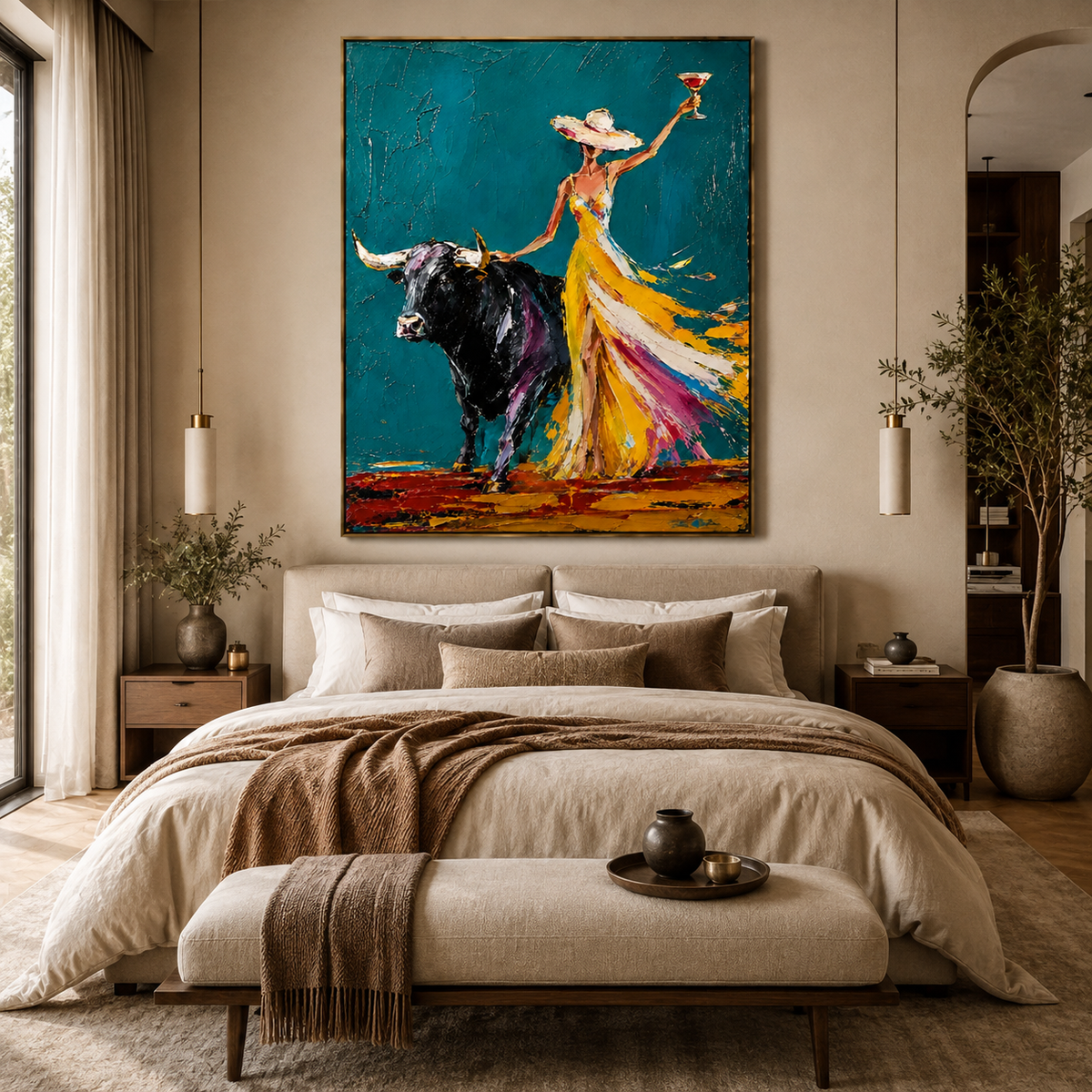 Woman and Bull in Yellow Dress-Colorful Western Oil Painting