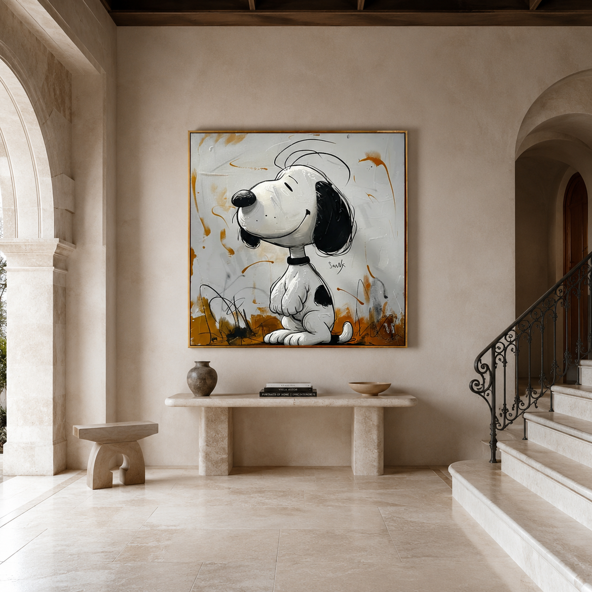 Golden Companion-Black and White Dog Portrait Painting