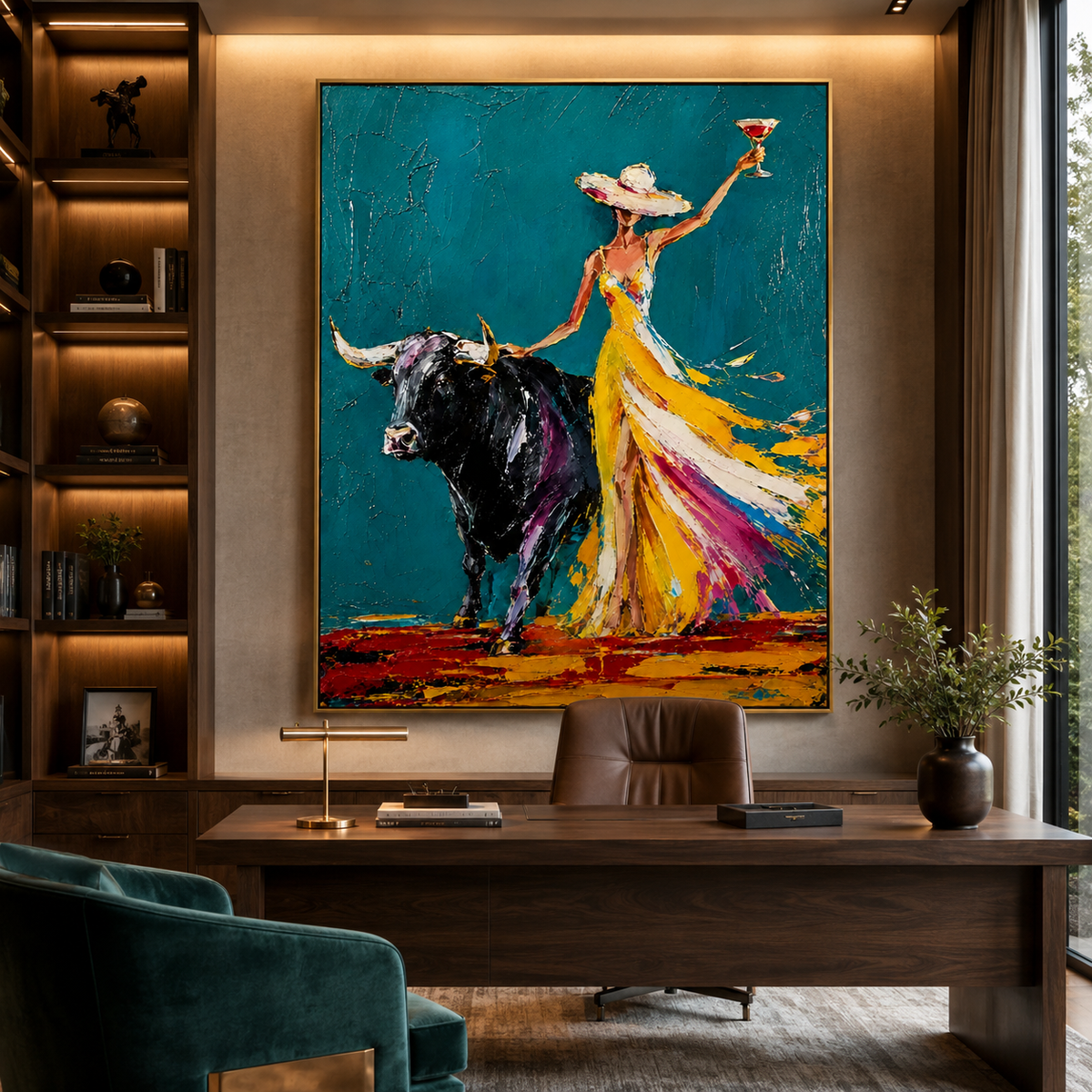 Woman and Bull in Yellow Dress-Colorful Western Oil Painting