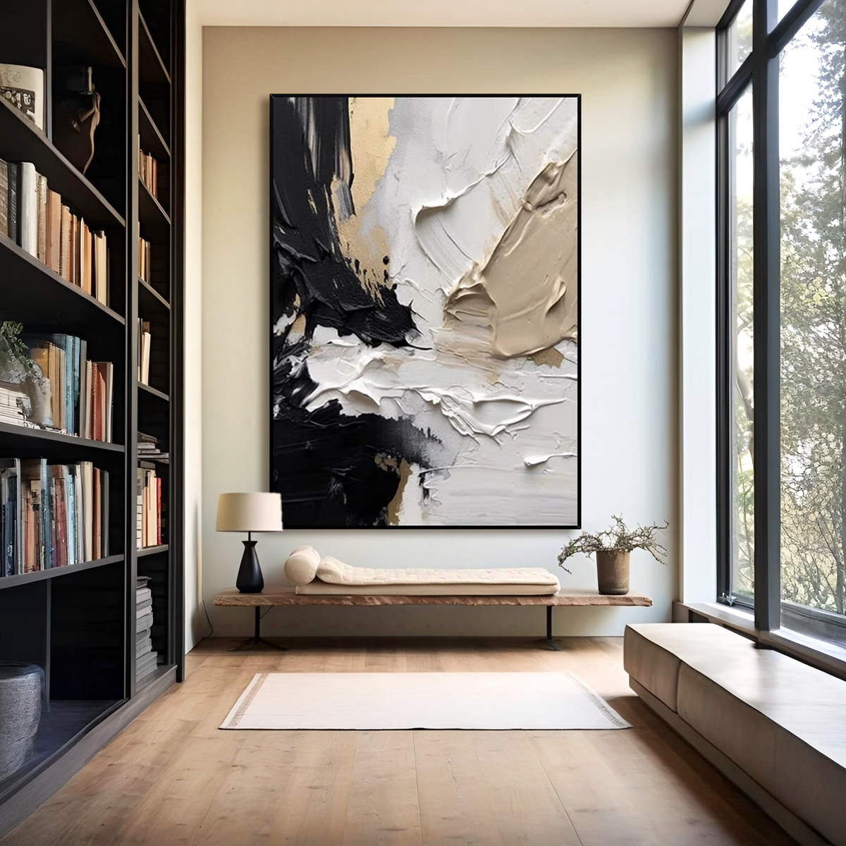 Ivory Rift-Black Beige Abstract Painting