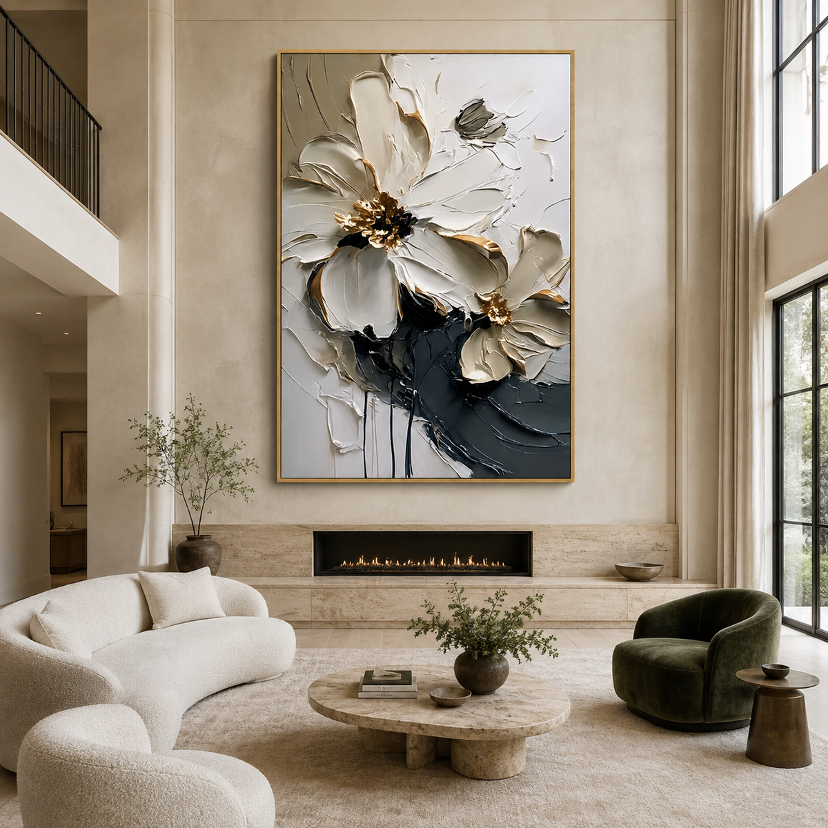 Ivory Nocturne-White Black Floral Painting