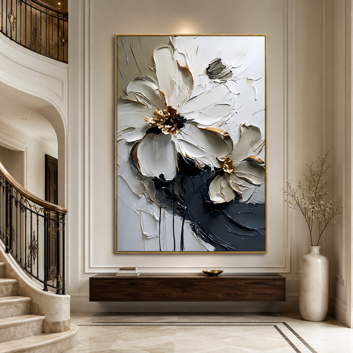 Ivory Nocturne-White Black Floral Painting