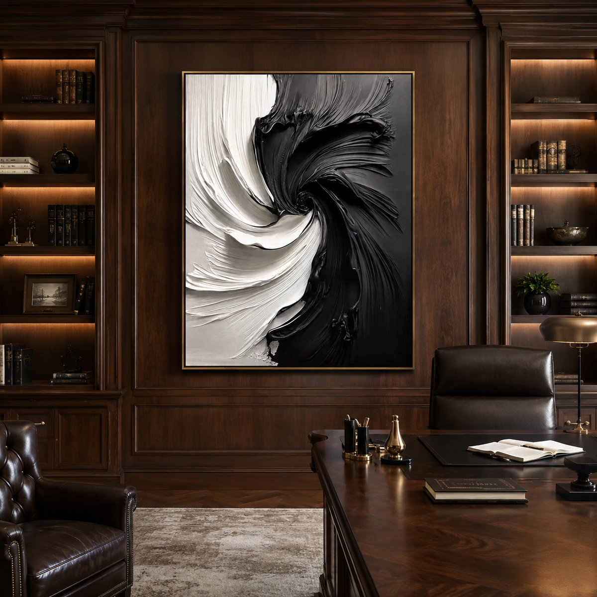 Dual Current-Black White Swirl Abstract Painting