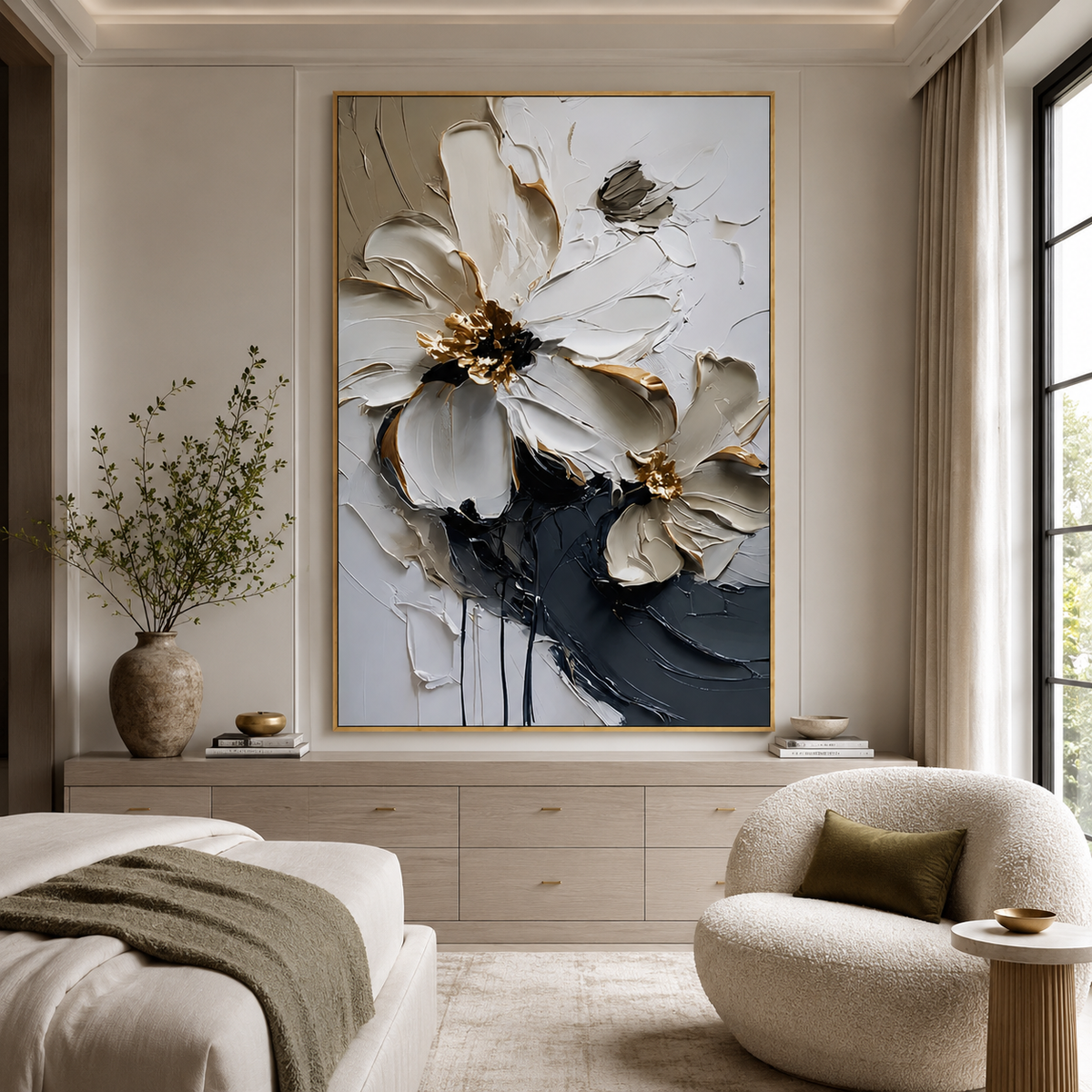 Ivory Nocturne-White Black Floral Painting