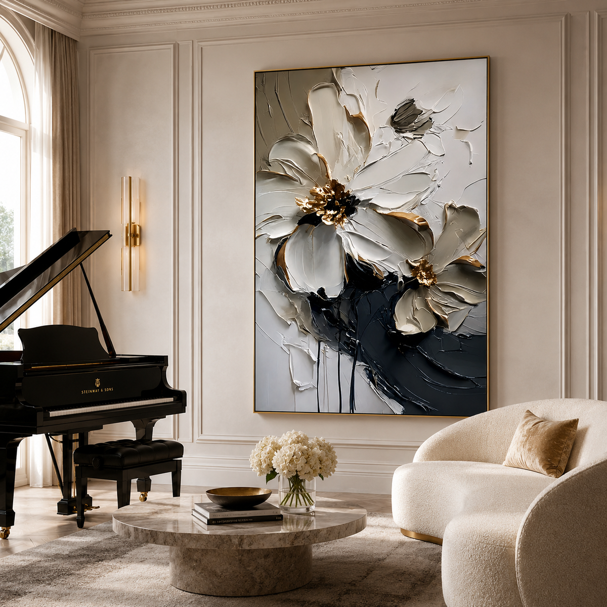 Ivory Nocturne-White Black Floral Painting