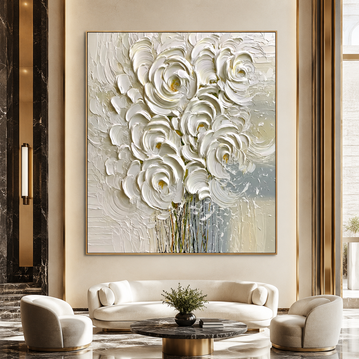 Ivory Rose Cascade-White Impasto Floral Painting