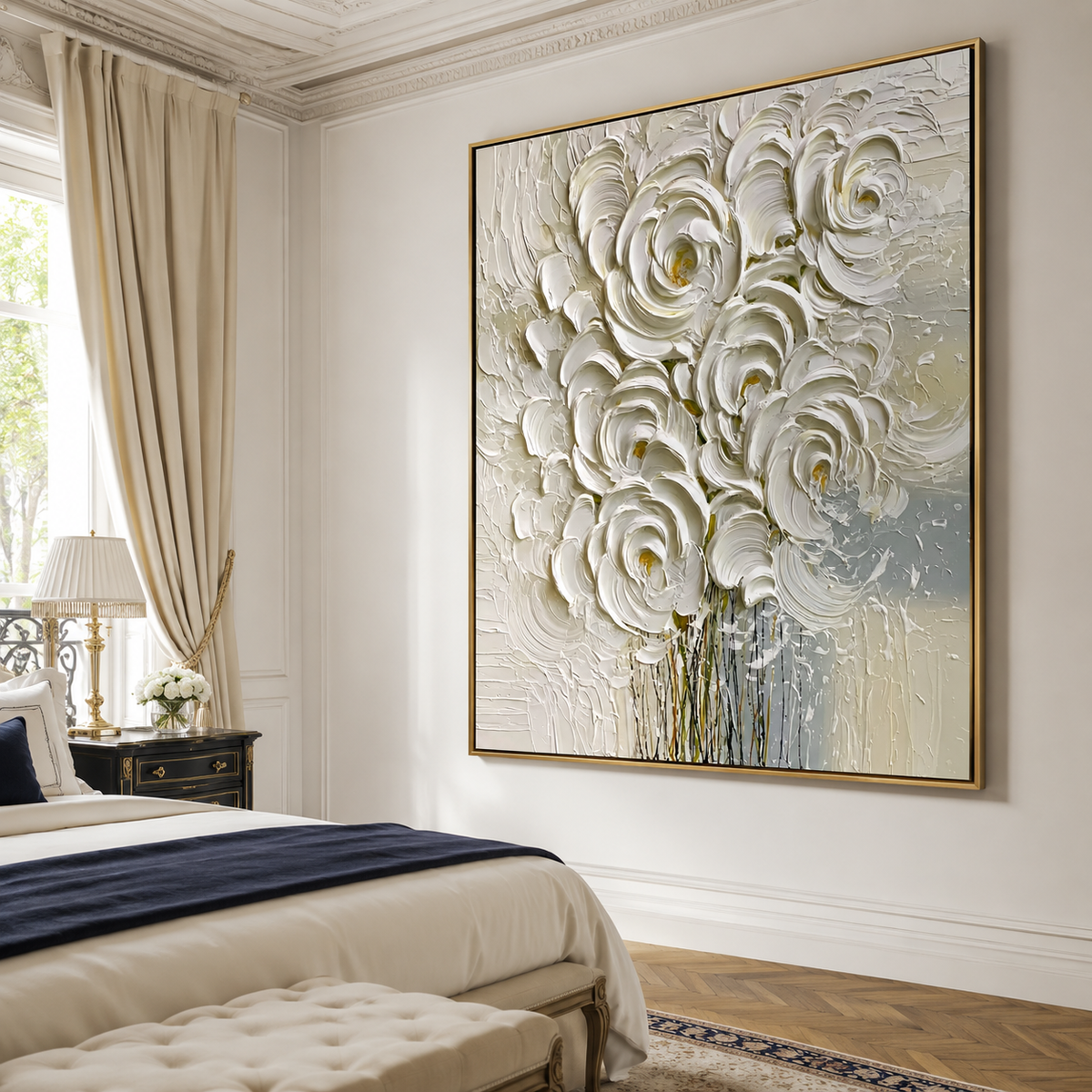 Ivory Rose Cascade-White Impasto Floral Painting