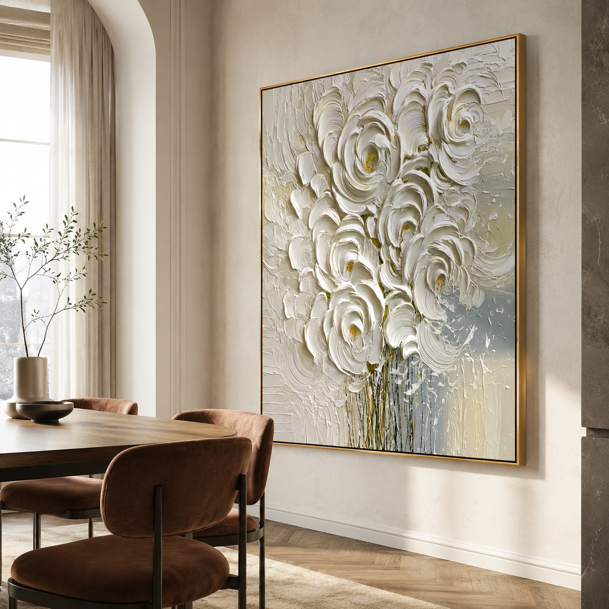 Ivory Rose Cascade-White Impasto Floral Painting