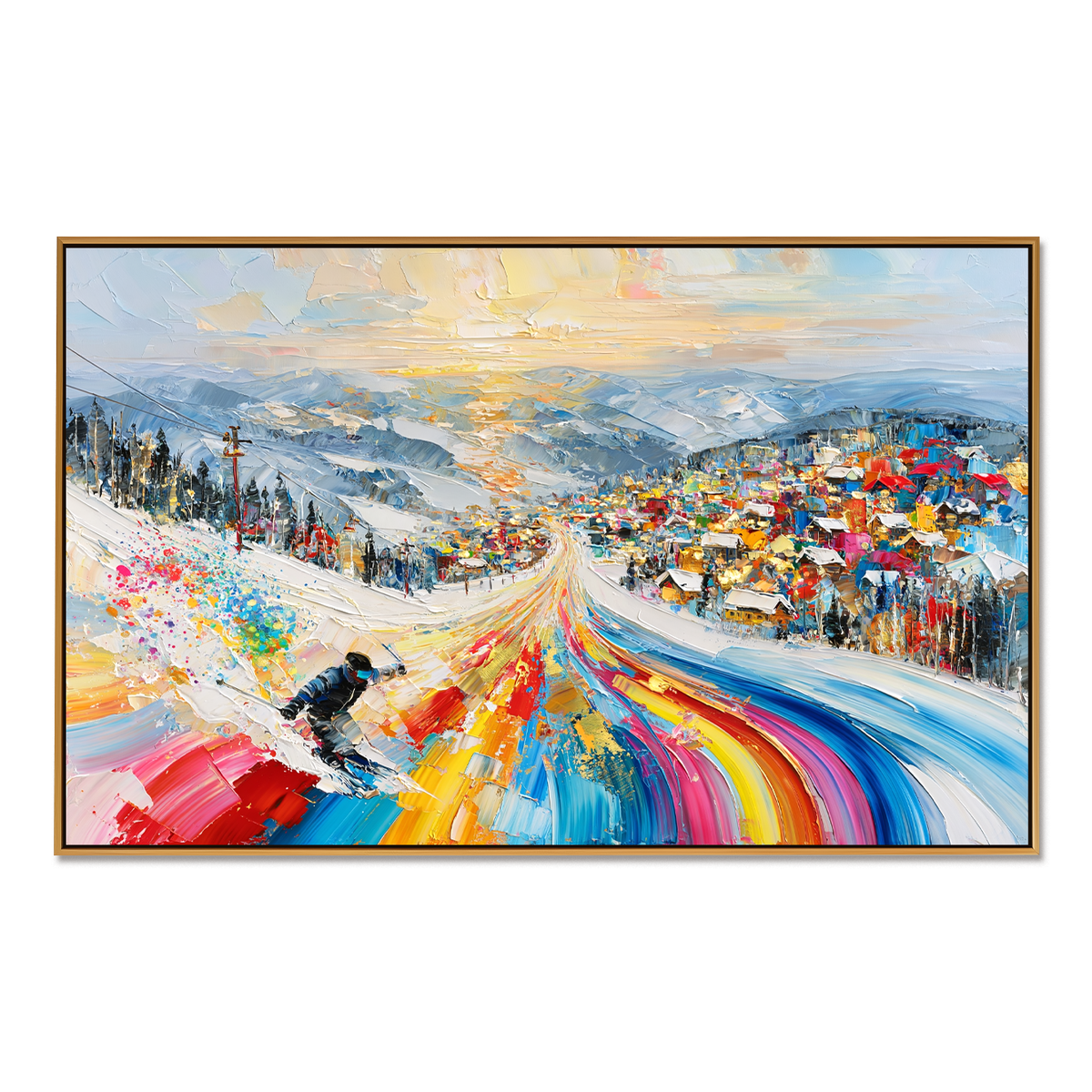 Colorful Alpine Ski Resort-Snowy Mountain Adventure Textured Oil Painting