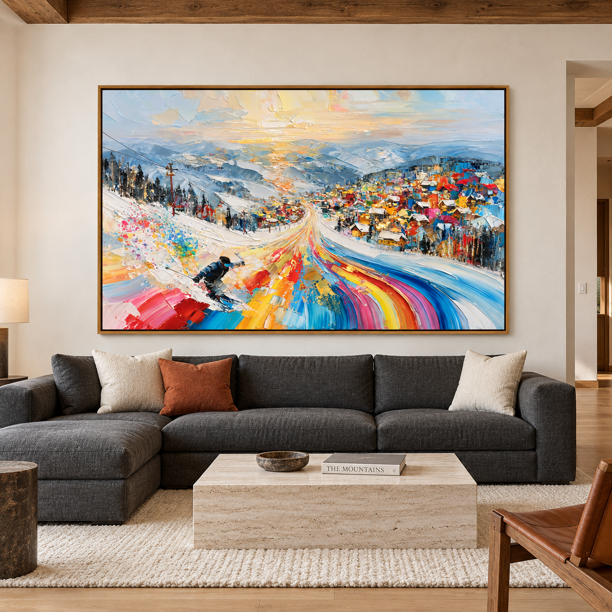 Colorful Alpine Ski Resort-Snowy Mountain Adventure Textured Oil Painting