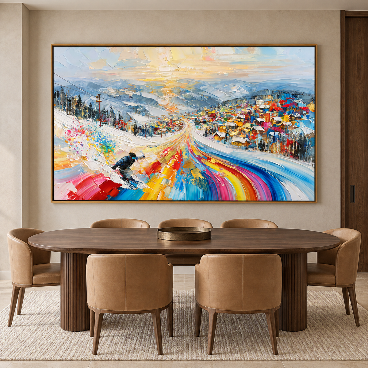 Colorful Alpine Ski Resort-Snowy Mountain Adventure Textured Oil Painting
