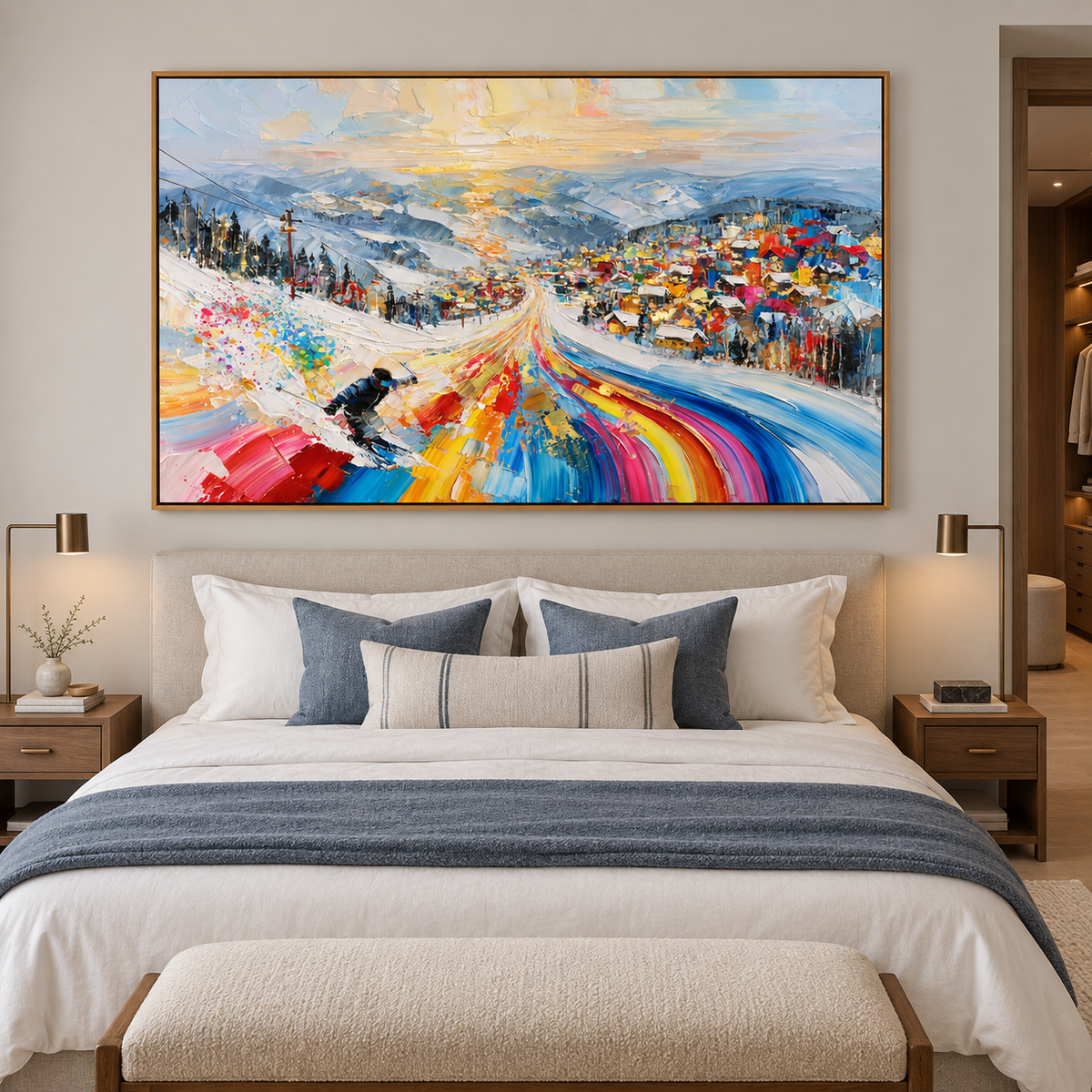Colorful Alpine Ski Resort-Snowy Mountain Adventure Textured Oil Painting