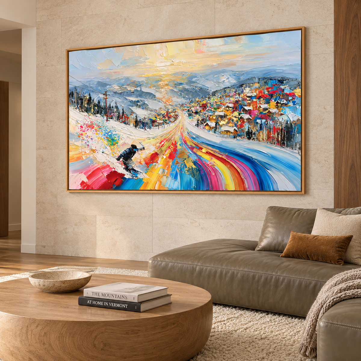 Colorful Alpine Ski Resort-Snowy Mountain Adventure Textured Oil Painting