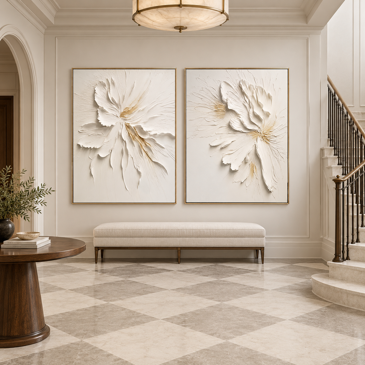 White Bloom Harmony-Diptych Textured Floral Painting