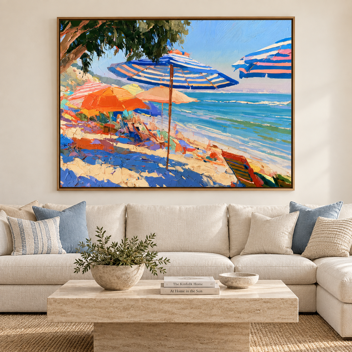 Coastal Beach Escape-Colorful Ocean Umbrella Seaside Texture Oil Painting