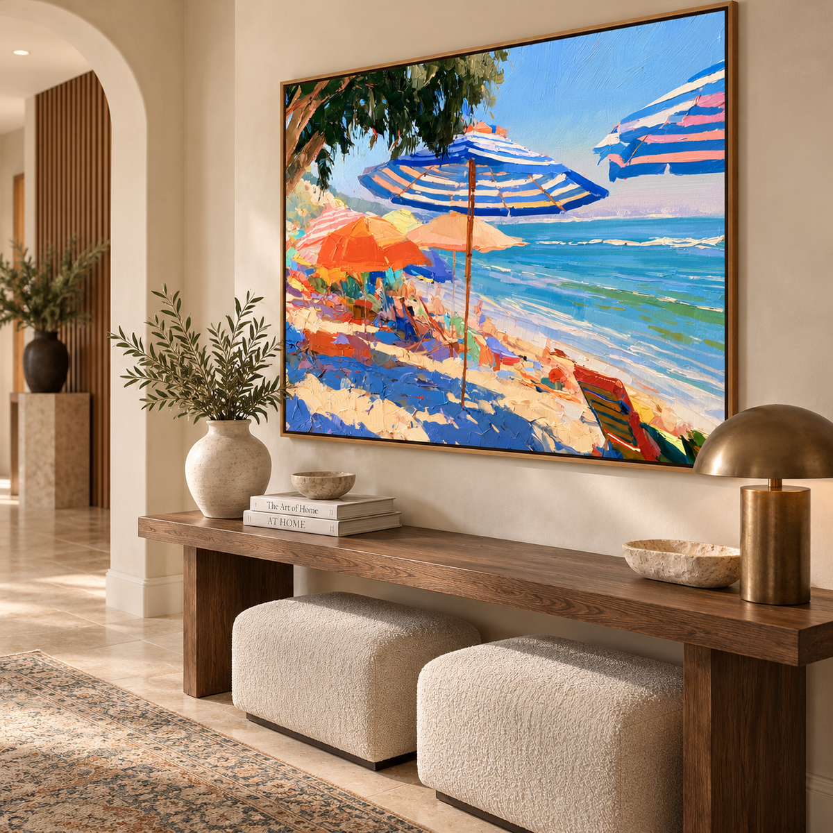 Coastal Beach Escape-Colorful Ocean Umbrella Seaside Texture Oil Painting