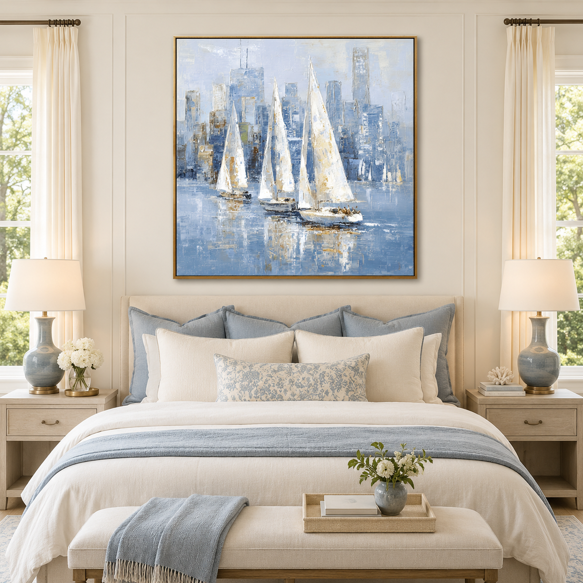 Harbor Light-Blue City Sailboat Painting
