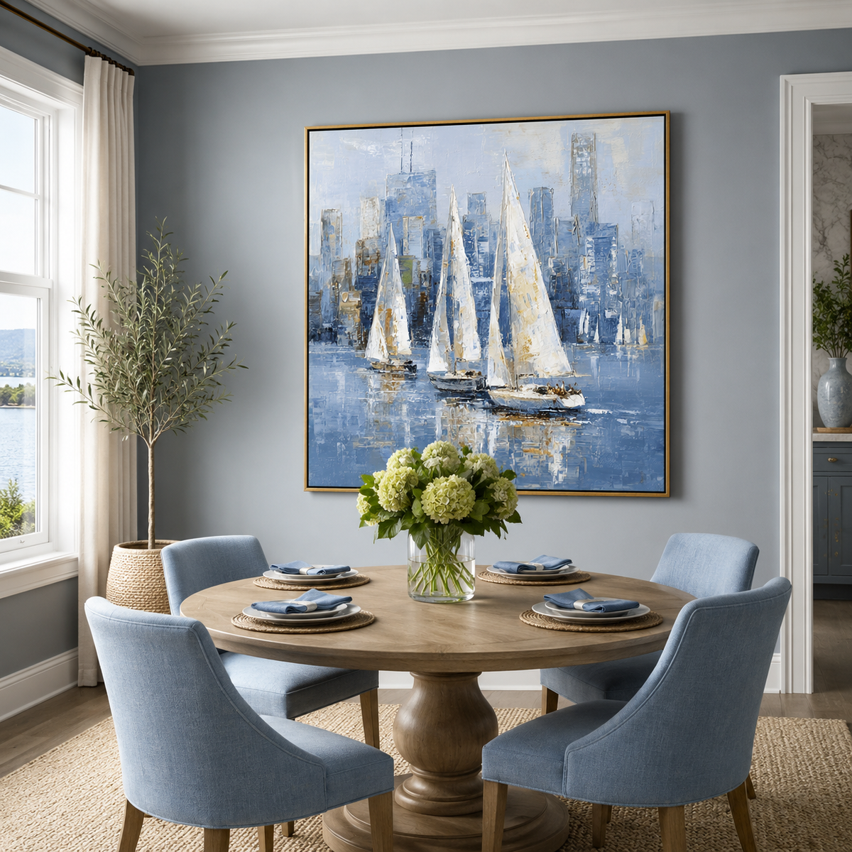 Harbor Light-Blue City Sailboat Painting
