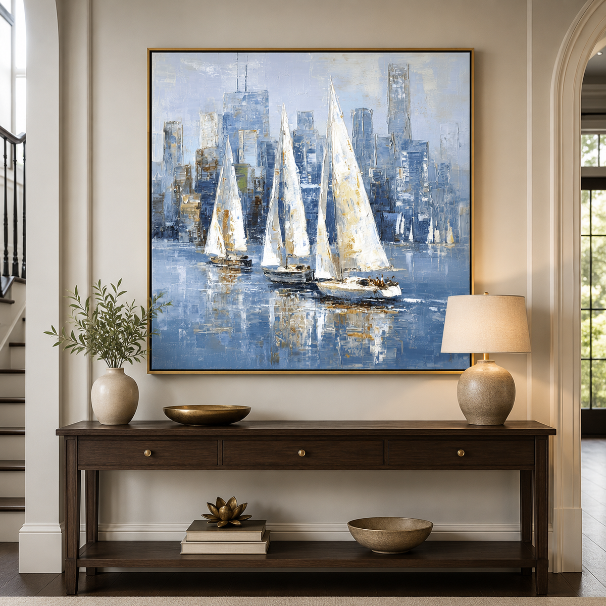 Harbor Light-Blue City Sailboat Painting