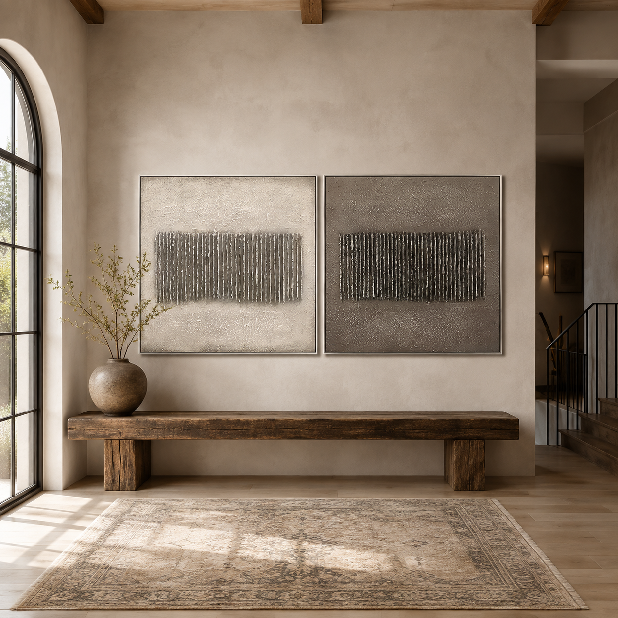 Echoed Lines-Ivory Taupe Textured Diptych