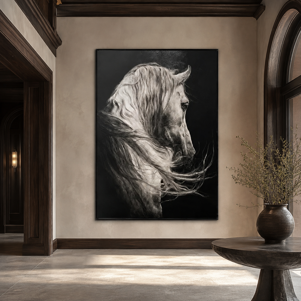 Monochrome Stallion-Black Horse Portrait Painting
