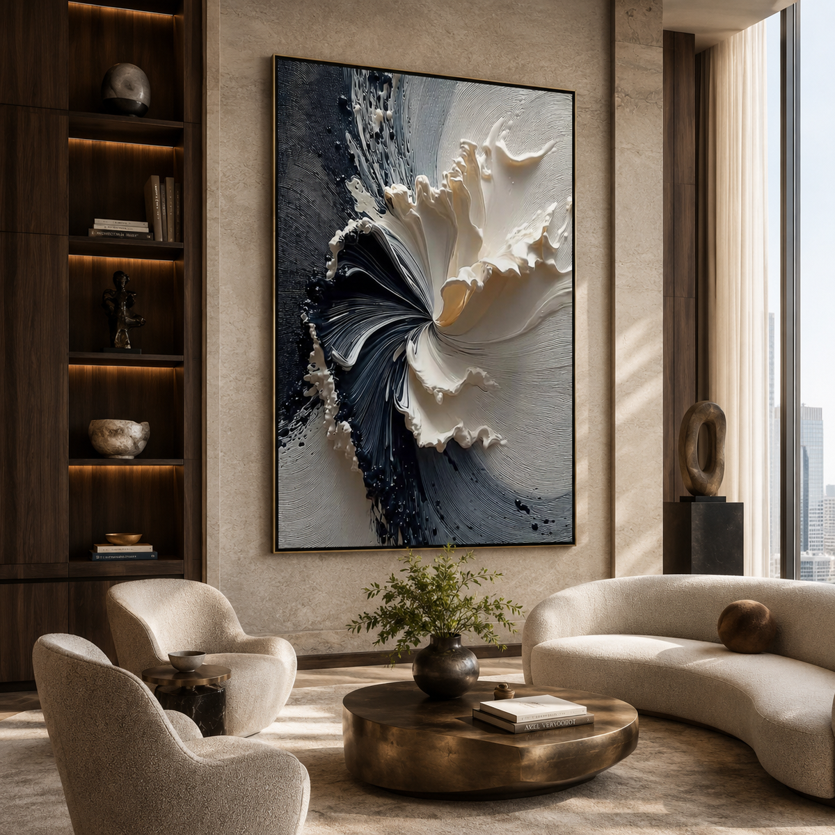 Noir Bloom-Black White Sculptural Floral Painting