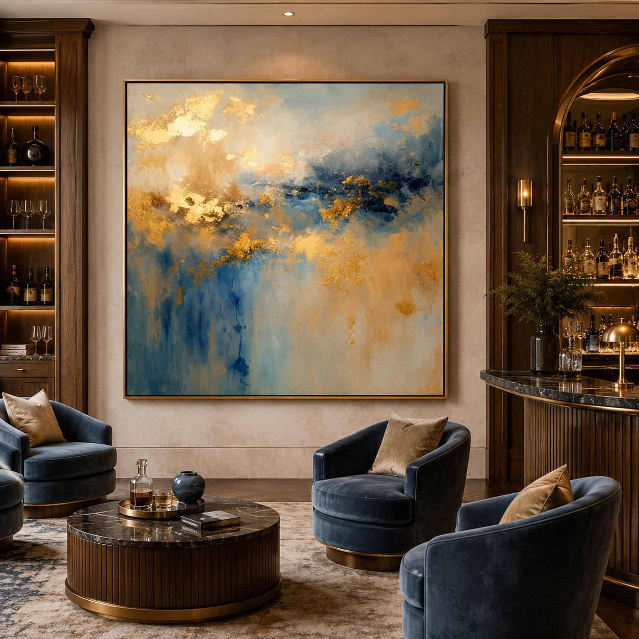 Golden Mist-Blue Abstract Ocean Painting