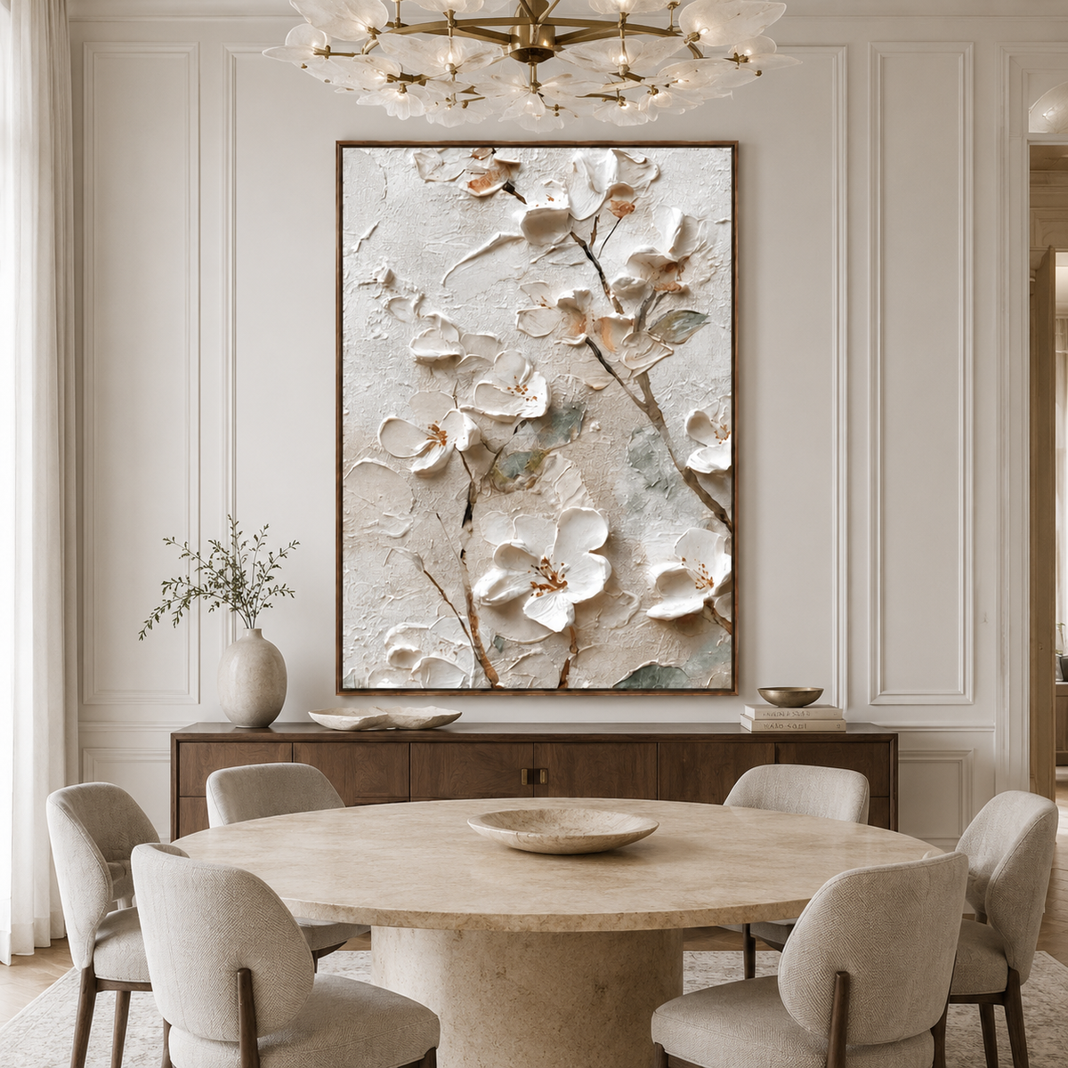 Ivory Blossom Branch-Textured Floral Painting